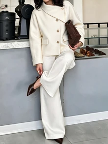 Elenzga Solid Foldover Collar Button Front Overcoat - Apricot - View 2