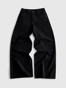 ROMWE MEN Men's Fashion Embroidered Button Pocket Denim Jeans - Black - View 2