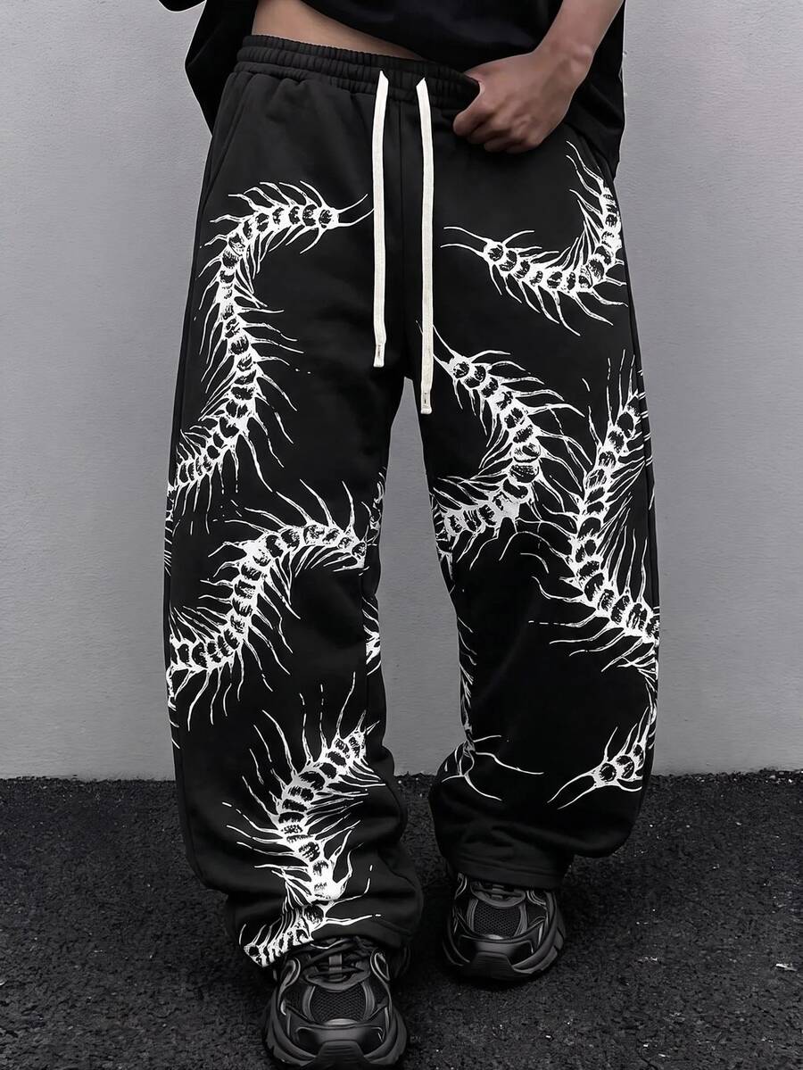 ROMWE MEN Goth Quần nỉ nam phối màu in họa tiết, cạp dây rút - màu đen - Xem 1
