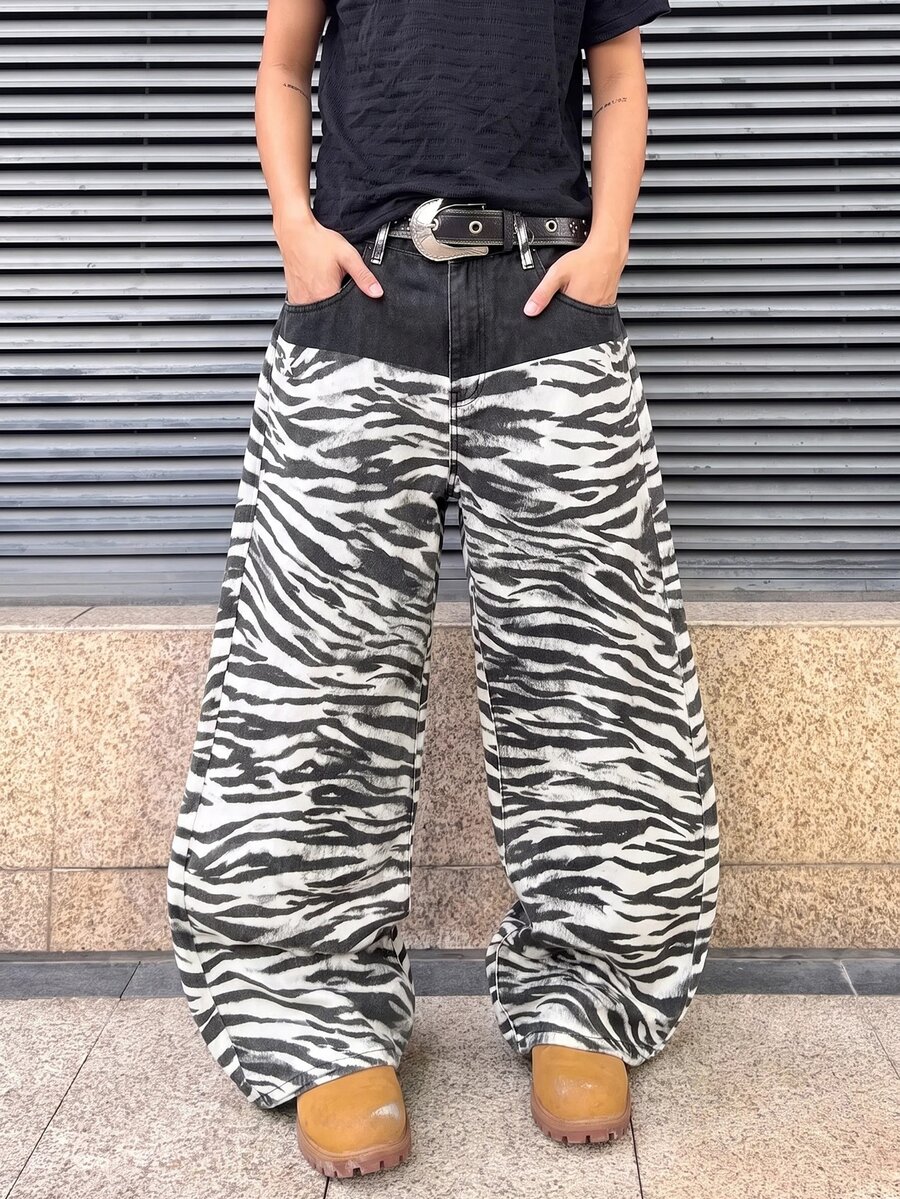 ROMWE MEN 男士斑馬條紋口袋寬腿寬鬆休閒牛仔褲 - 黑色 - 查看 1