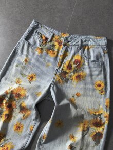 ROMWE MEN 男士向日葵圖案口袋寬腿寬鬆休閒牛仔長褲 - 藍色 - 查看 4