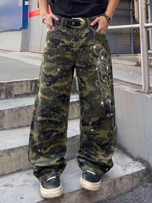 ROMWE MEN Street Life 耐穿金屬感水鑽迷彩休閒舒適百搭男士牛仔褲 - 軍綠色 - 查看 1