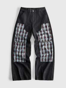 ROMWE MEN Men's Plaid Patchwork Loose Fit Jeans - Multicolor - View 3