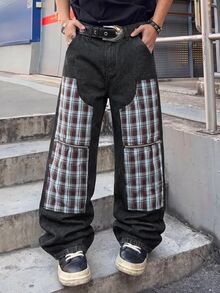 ROMWE MEN Men's Plaid Patchwork Loose Fit Jeans - Multicolor - View 1
