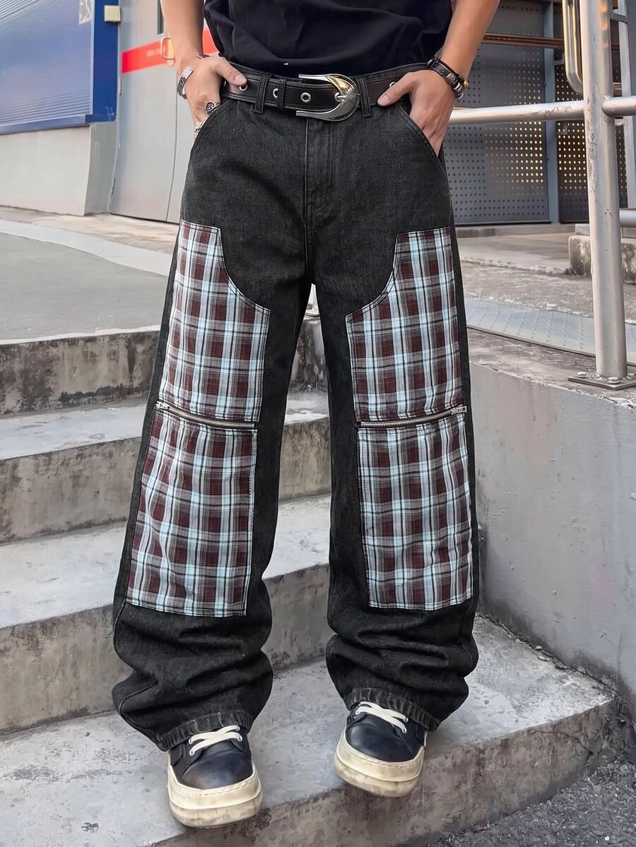 ROMWE MEN Men's Plaid Patchwork Loose Fit Jeans - Multicolor - View 1