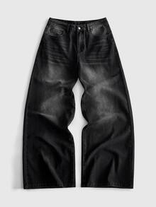 ROMWE MEN Men's Loose Fit Denim Jeans With Angel Print Pattern And Side Pockets - Black - View 2