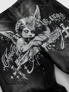 ROMWE MEN Men's Loose Fit Denim Jeans With Angel Print Pattern And Side Pockets - Black - View 4
