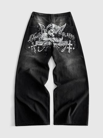 Men's Loose Fit Denim Jeans With Angel Print Pattern And Side Pockets