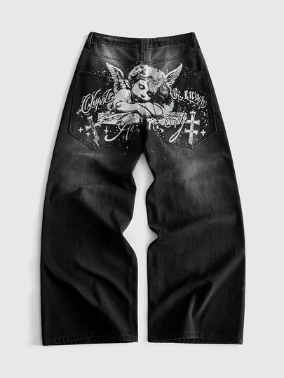 Jean en denim coupe ample pour hommes avec motif imprimé d'ange et poches latérales