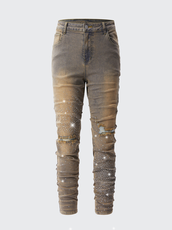 Jeans casual in denim con strass e effetto consumato da uomo