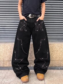 ROMWE MEN 重磅刺繡水鑽水洗牛仔休閒百搭男款牛仔褲 - 黑色 - 查看 3
