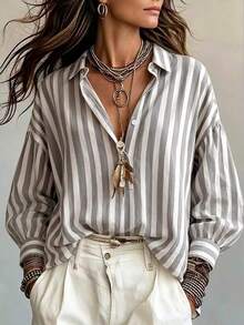 Holdful Holdful Women's Casual Commute Striped Shirt Office Brunch Grey Fall - Multicolor - View 4