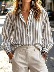 Holdful Holdful Women's Casual Commute Striped Shirt Office Brunch Grey Fall - Multicolor - View 2