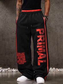 ROMWE MEN Men's Autumn/Winter Double Waistband Printed Pants - Black - View 1
