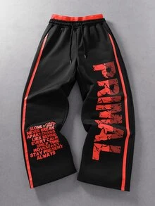 ROMWE MEN Men's Autumn/Winter Double Waistband Printed Pants - Black - View 3