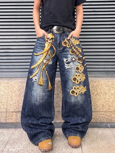 Nuovi jeans in denim morbido lavato con stampa digitale, stile street americano, decorazione con catena punk e corda a teschio, effetto consumato, pantaloni vintage a gamba larga e lunghezza fino a terra, adatti per tutte le stagioni, da uomo