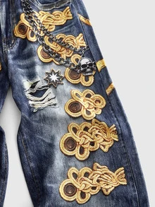 ROMWE MEN New American Street Style Skull Rope Punk Chain Decor Distressed Digital Print Washed Soft Denim Jeans All Season Men's Vintage Distressed Wide Leg Floor Length Pants - Multicolor - View 6