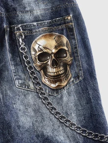 ROMWE MEN New American Street Style Skull Rope Punk Chain Decor Distressed Digital Print Washed Soft Denim Jeans All Season Men's Vintage Distressed Wide Leg Floor Length Pants - Multicolor - View 5