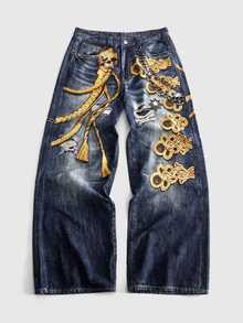 ROMWE MEN New American Street Style Skull Rope Punk Chain Decor Distressed Digital Print Washed Soft Denim Jeans All Season Men's Vintage Distressed Wide Leg Floor Length Pants - Multicolor - View 1
