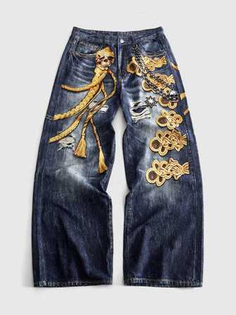 Neue amerikanische Streetstyle-Jeans für Herren, weicher Washed Denim mit digitalem Muster, distressed, mit Totenkopf-Seil- und Punk-Ketten-Dekor, Vintage-Stil, weites Bein, bodenlang, für alle Jahreszeiten