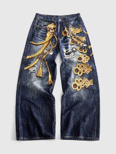 Nuovi jeans in denim morbido lavato con stampa digitale, stile street americano, decorazione con catena punk e corda a teschio, effetto consumato, pantaloni vintage a gamba larga e lunghezza fino a terra, adatti per tutte le stagioni, da uomo