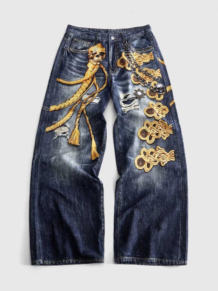 ROMWE MEN New American Street Style Skull Rope Punk Chain Decor Distressed Digital Print Washed Soft Denim Jeans All Season Men's Vintage Distressed Wide Leg Floor Length Pants - Multicolor - View 1