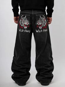 ROMWE MEN Men's Loose Fit Denim Jeans With Tiger Embroidery Pattern - Blue - View 1