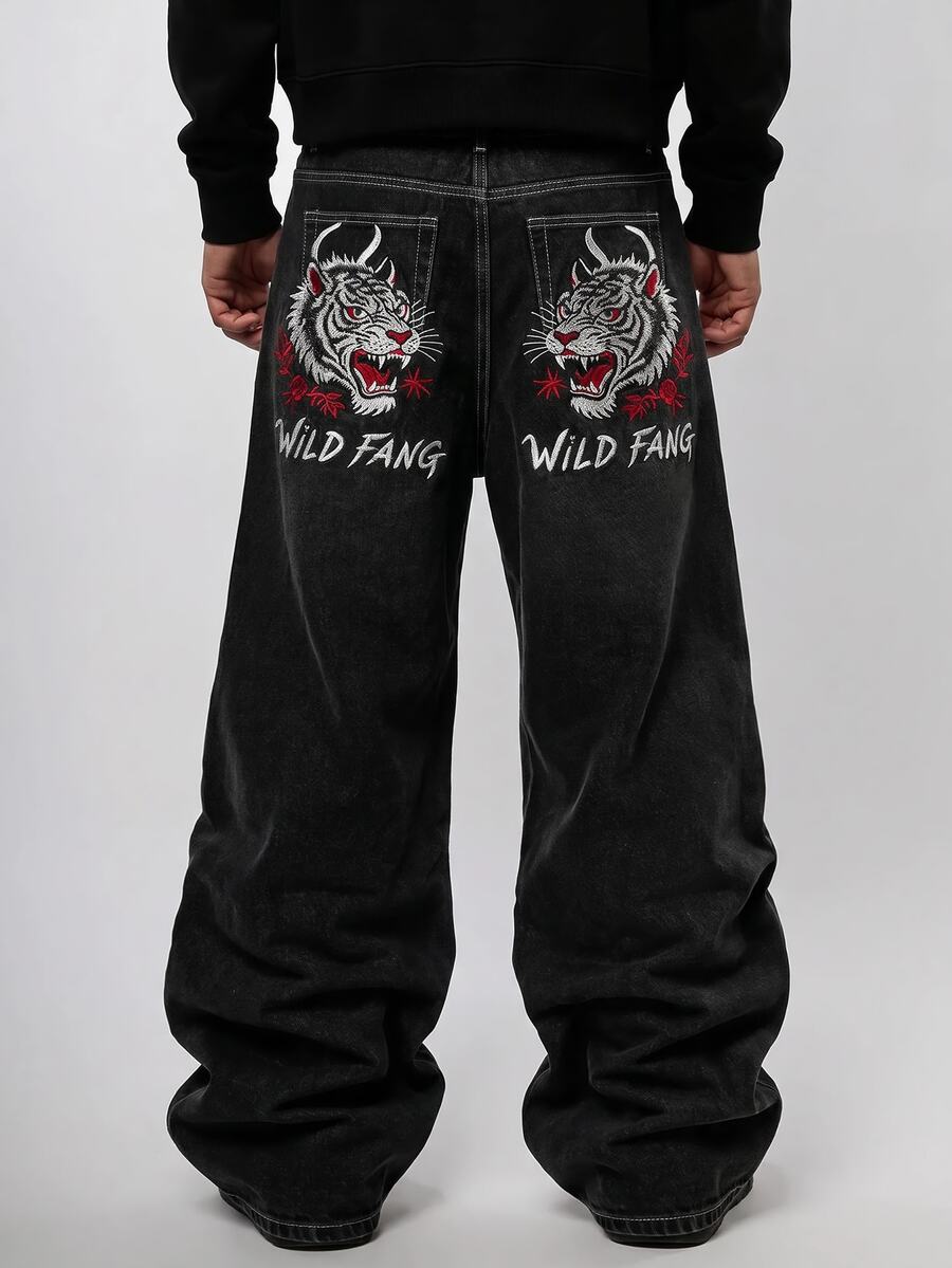 ROMWE MEN Men's Loose Fit Denim Jeans With Tiger Embroidery Pattern - Blue - View 1