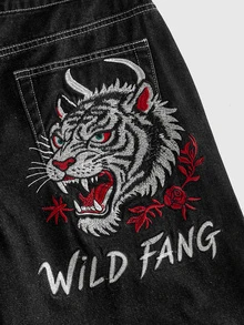 ROMWE MEN Men's Loose Fit Denim Jeans With Tiger Embroidery Pattern - Blue - View 5