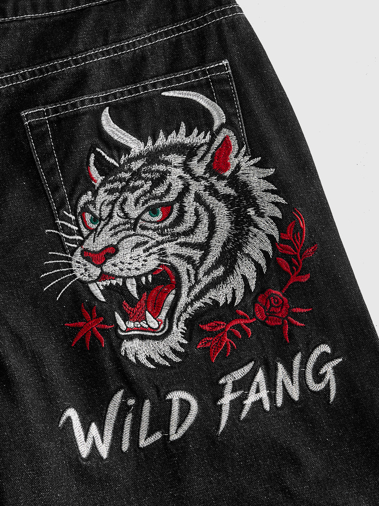 ROMWE MEN Men's Loose Fit Denim Jeans With Tiger Embroidery Pattern - Blue - View 5