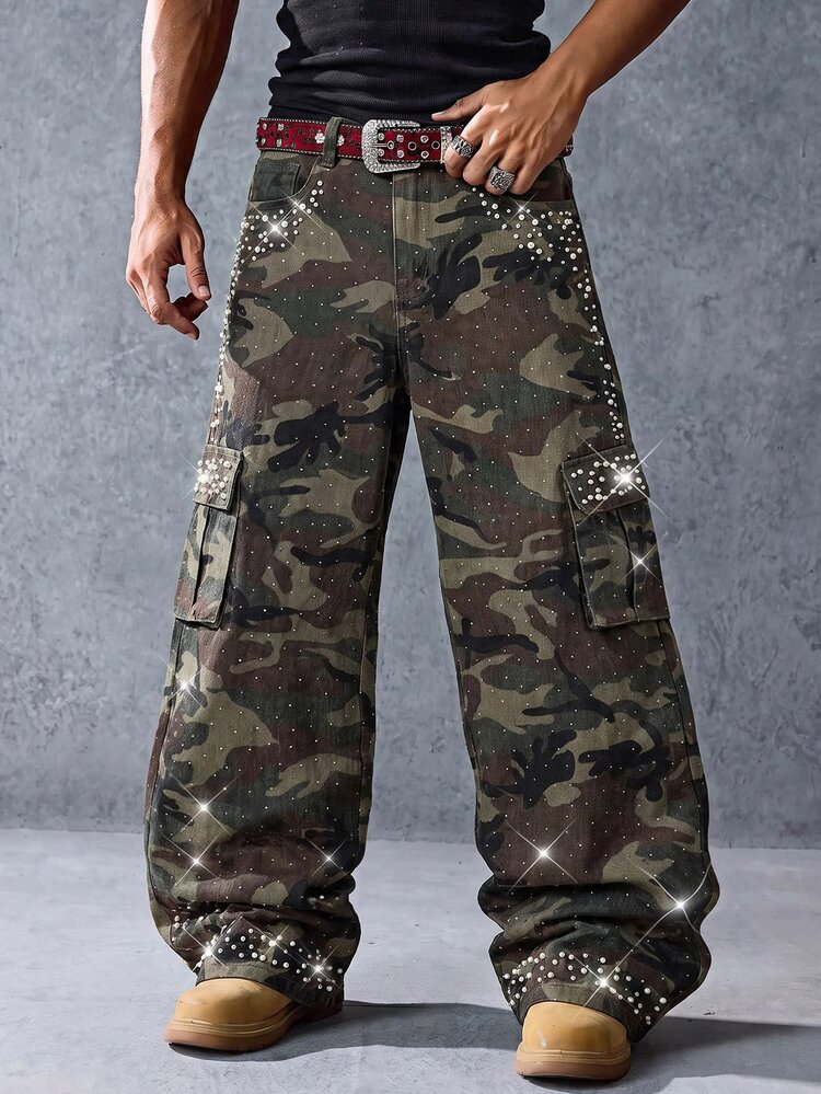 ROMWE MEN Street Life Men's Camouflage Pearl Embellished Wide Leg Cargo Pants, Vintage Military Style Camo Multi-Pocket Design, Y2K Hip Hop Streetwear Loose Casual Washed Denim Jeans, Suitable For Daily Wear, Music Festivals, Nightclubs, Street Style - Army Green - View 1