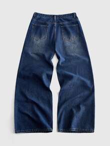 ROMWE MEN New American Vintage All-Season Japanese Ukiyo-E Print Loose Wide Leg Denim Jeans, Suitable For Daily Wear, Unisex - Medium Wash - View 2