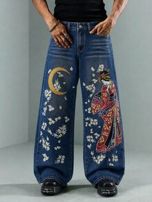 ROMWE MEN New American Vintage All-Season Japanese Ukiyo-E Print Loose Wide Leg Denim Jeans, Suitable For Daily Wear, Unisex - Medium Wash - View 7