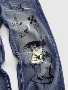 ROMWE MEN New American Street Style Y2K Retro Dark Hand-Painted Graffiti Distressed Wide Leg Jeans, Unisex Distressed Washed Letter Print Loose Drape Floor-Length Pants, Versatile Daily Wear Unique Design - Medium Wash - View 5