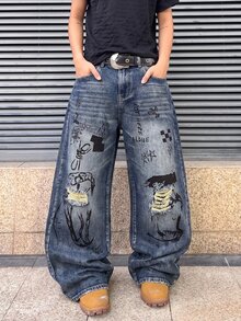 ROMWE MEN New American Street Style Y2K Retro Dark Hand-Painted Graffiti Distressed Wide Leg Jeans, Unisex Distressed Washed Letter Print Loose Drape Floor-Length Pants, Versatile Daily Wear Unique Design - Medium Wash - View 1