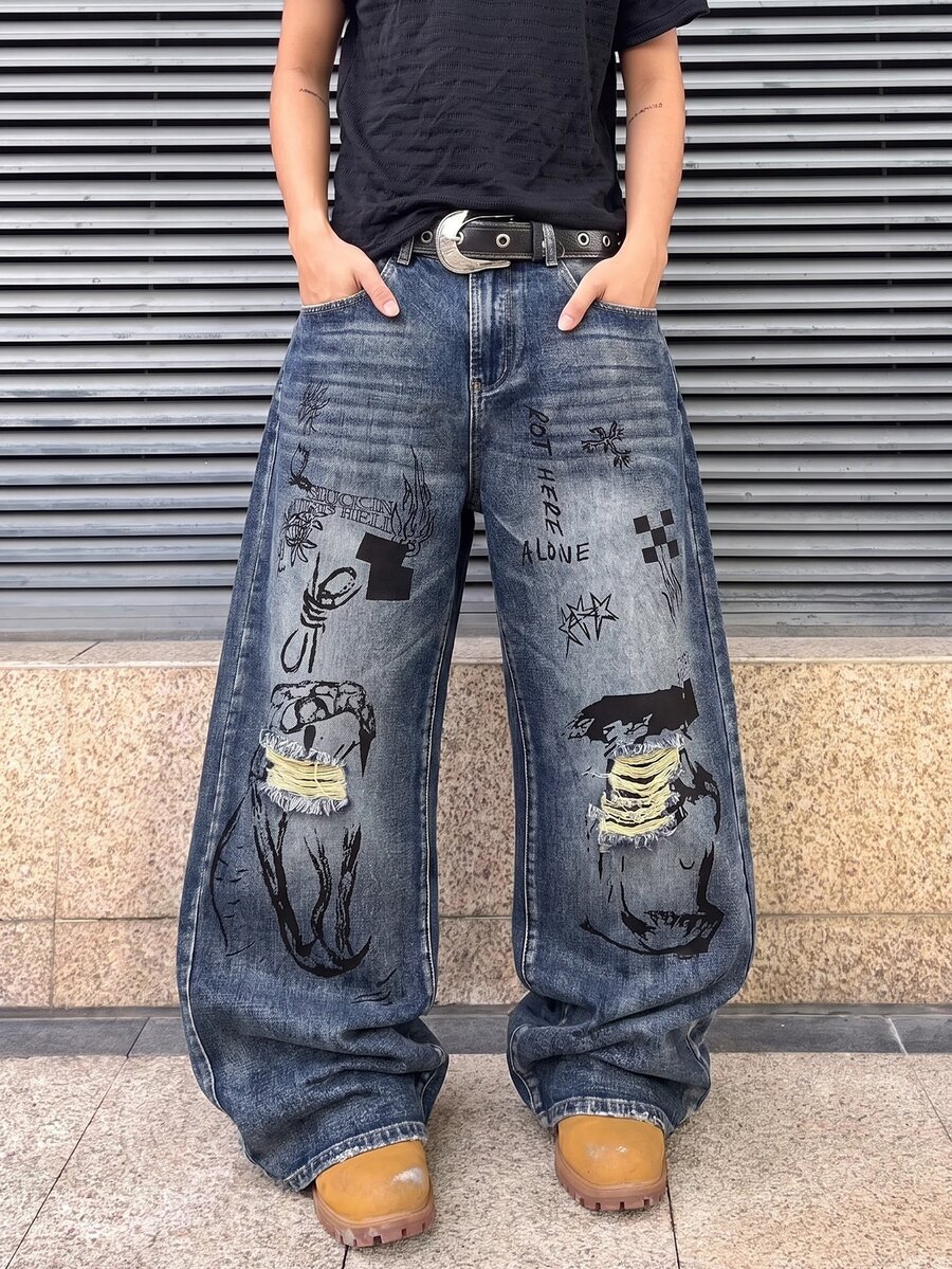 ROMWE MEN New American Street Style Y2K Retro Dark Hand-Painted Graffiti Distressed Wide Leg Jeans, Unisex Distressed Washed Letter Print Loose Drape Floor-Length Pants, Versatile Daily Wear Unique Design - Medium Wash - View 1