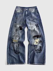 ROMWE MEN New American Street Style Y2K Retro Dark Hand-Painted Graffiti Distressed Wide Leg Jeans, Unisex Distressed Washed Letter Print Loose Drape Floor-Length Pants, Versatile Daily Wear Unique Design - Medium Wash - View 3