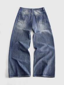 ROMWE MEN New American Street Style Y2K Retro Dark Hand-Painted Graffiti Distressed Wide Leg Jeans, Unisex Distressed Washed Letter Print Loose Drape Floor-Length Pants, Versatile Daily Wear Unique Design - Medium Wash - View 2