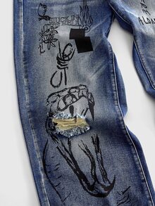 ROMWE MEN New American Street Style Y2K Retro Dark Hand-Painted Graffiti Distressed Wide Leg Jeans, Unisex Distressed Washed Letter Print Loose Drape Floor-Length Pants, Versatile Daily Wear Unique Design - Medium Wash - View 6