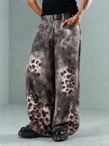 ROMWE MEN American Street Vintage New Wasteland Style Distressed Tie-Dye Leopard Print Patchwork Wide Leg Denim Jeans Unisex Niche Washed Soft Denim Distressed Loose Long Pants - Multicolor - View 7