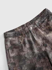 ROMWE MEN American Street Vintage New Wasteland Style Distressed Tie-Dye Leopard Print Patchwork Wide Leg Denim Jeans Unisex Niche Washed Soft Denim Distressed Loose Long Pants - Multicolor - View 4