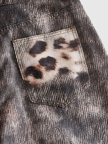 ROMWE MEN American Street Vintage New Wasteland Style Distressed Tie-Dye Leopard Print Patchwork Wide Leg Denim Jeans Unisex Niche Washed Soft Denim Distressed Loose Long Pants - Multicolor - View 6