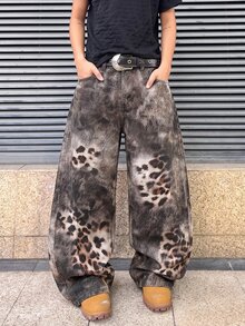 ROMWE MEN American Street Vintage New Wasteland Style Distressed Tie-Dye Leopard Print Patchwork Wide Leg Denim Jeans Unisex Niche Washed Soft Denim Distressed Loose Long Pants - Multicolor - View 1
