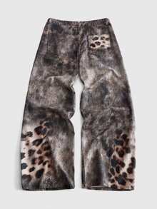 ROMWE MEN American Street Vintage New Wasteland Style Distressed Tie-Dye Leopard Print Patchwork Wide Leg Denim Jeans Unisex Niche Washed Soft Denim Distressed Loose Long Pants - Multicolor - View 2