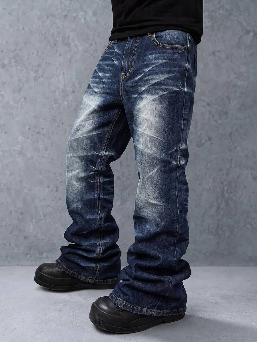 ROMWE MEN Men's Washed Distressed Layered Flare Jeans - Dark Wash - View 1