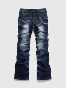 ROMWE MEN Men's Washed Distressed Layered Flare Jeans - Dark Wash - View 3