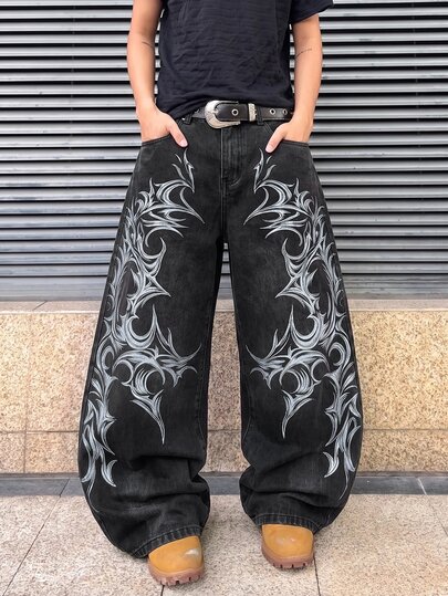 Amerikanischer Street Y2K Punk Cool Style Jeans mit doppelseitigem Flammen-Totem-Muster, Herren, schweres Denim, distressed, gewaschen, weites Bein, baggy, gerade, bodenlang, Nische, einzigartig, vielseitig, für den Alltag, Unisex