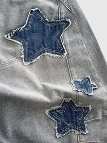 ROMWE MEN 男士寬鬆弧形牛仔褲，星星補丁刺繡 - 藍色 - 查看 5