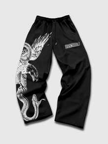 ROMWE MEN Street Life Men's Letter & Eagle Print Drawstring Waist Casual Sweatpants - Multicolor - View 1