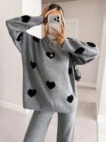 SHEIN Cute Heart Print Soft Knit Oversized Sweater & High Waist Relaxed Fit Knit Pants Co-Ord Set - رمادي - مشاهدة 5